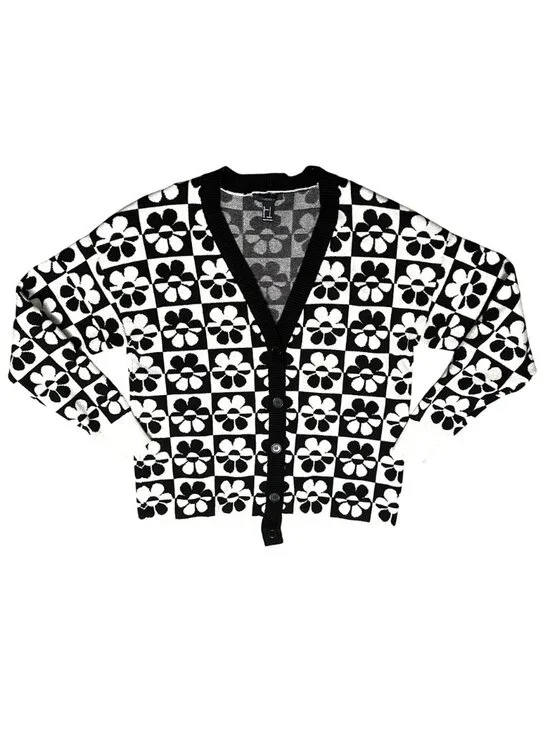 Forever 21 Small Black White Cardigan Floral Checker Knit Retro Preppy Daisy Mod - Picture 8 of 10